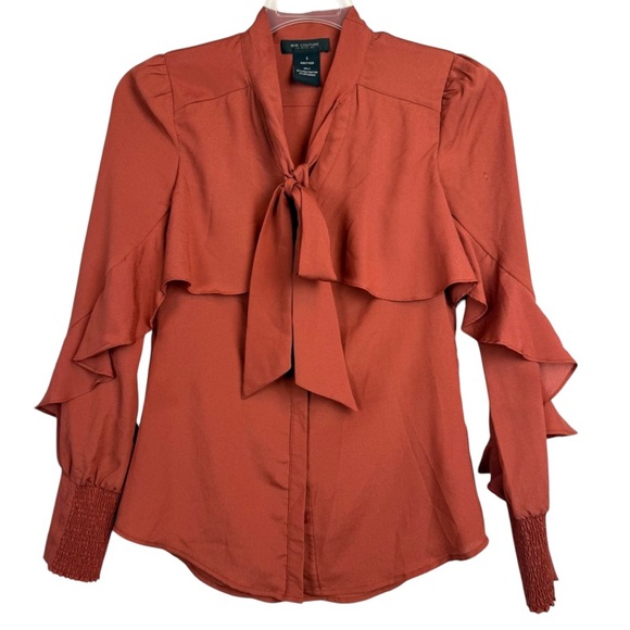 Miss Me Tops - M M Couture Miss Me Rust Blouse w/Ruffle Chest & Smocked Sleeves & Bow Tie Sz M